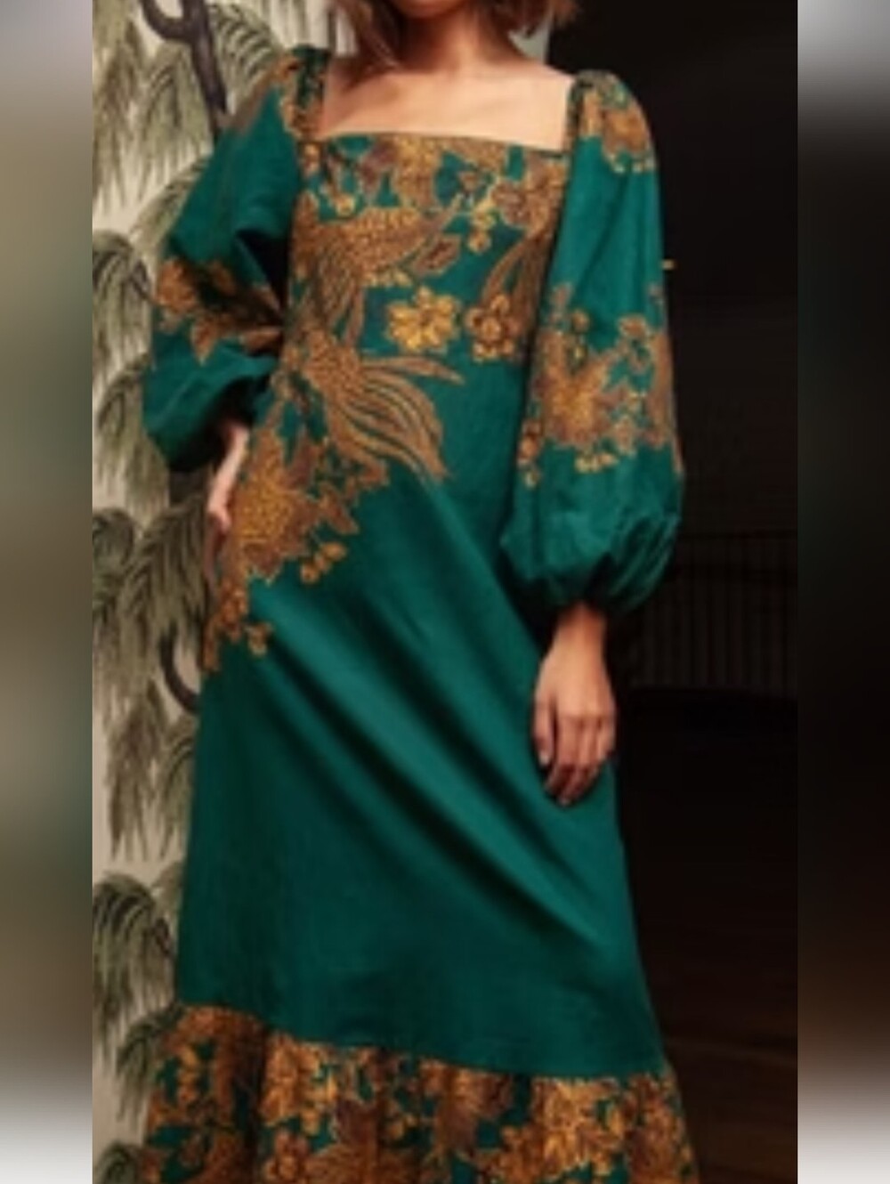 Anna Cate Green Floral Embroidered Puff-Sleeve Dress